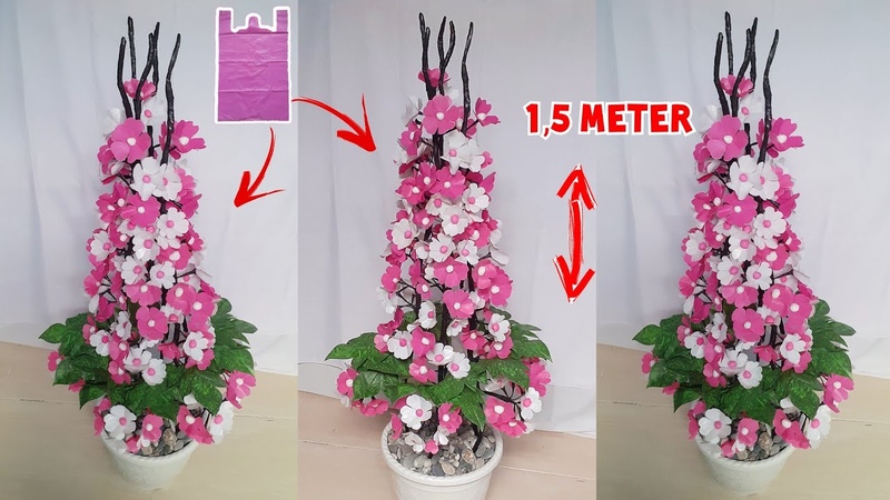 Bunga Sakura Jumbo Sudut Ruangan dari Plastik Kresek, , Flower from Plastic