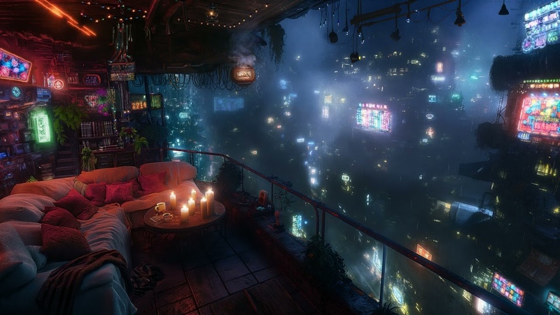 Cozy Cyberpunk Loft: Rain and Ambient Music, Cyberpunk Bedroom above the City, 4 K, 10
